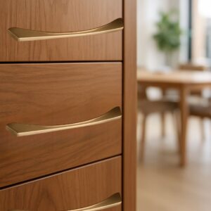 Sleek brass cabinet handle on walnut wardrobe
