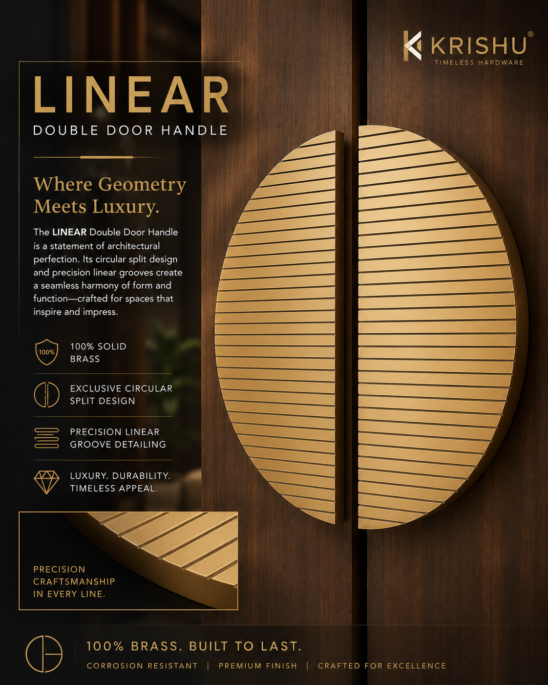 Double Door Handle – Linear Design | Classic Brass Finish