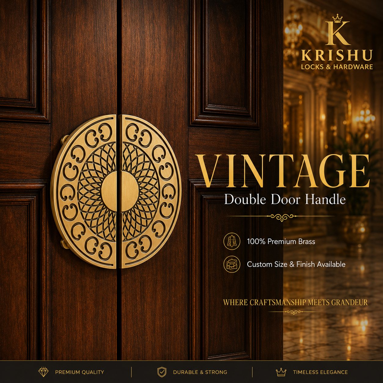 Double Door Handle – Vintage Design | Classic Brass Finish