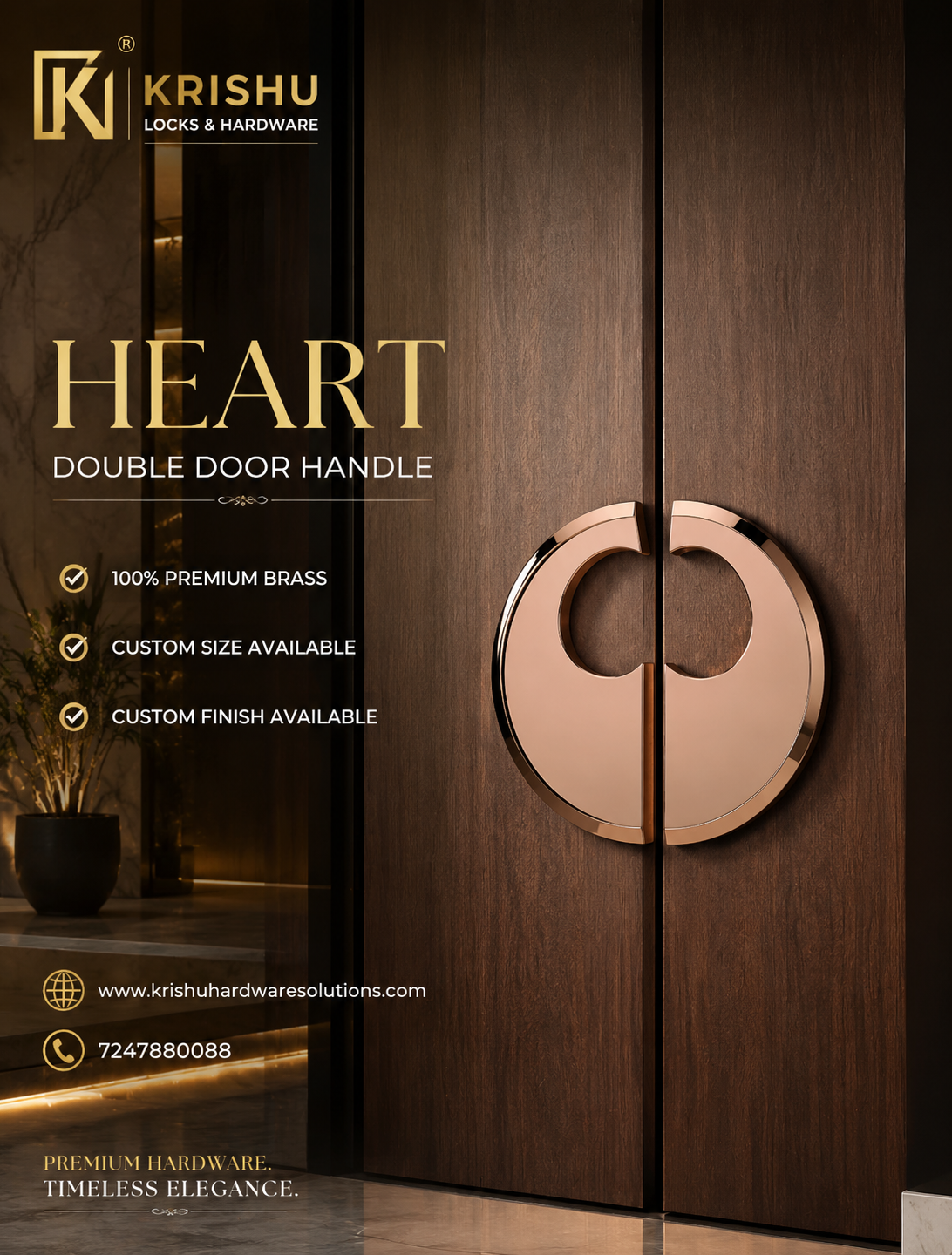 Double Door Handle – Heart Design | Classic Brass Finish